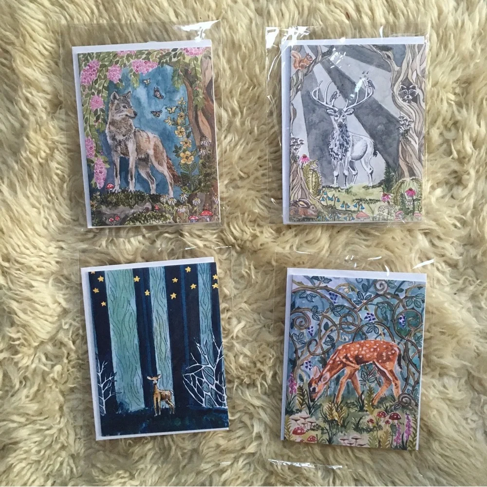 Wildflower Co. Art Greeting Cards Pack of 4 “In the Forest” Collection - Picture 1 of 6